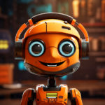 Close-up of an animated orange robot with large, expressive blue eyes, wearing headphones. The robot has a friendly smile and detailed features, such as buttons and vents, on its face and body. In the blurred background, neon signs and urban structures hint at a bustling cityscape.